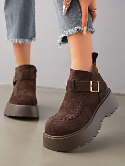 بوت الكاحل ذات الإغلاق بالمشبك، ذات لون أحادي، سميكة الأربطة، مزودة بسحاب جانبي، موضة خريف/شتاء