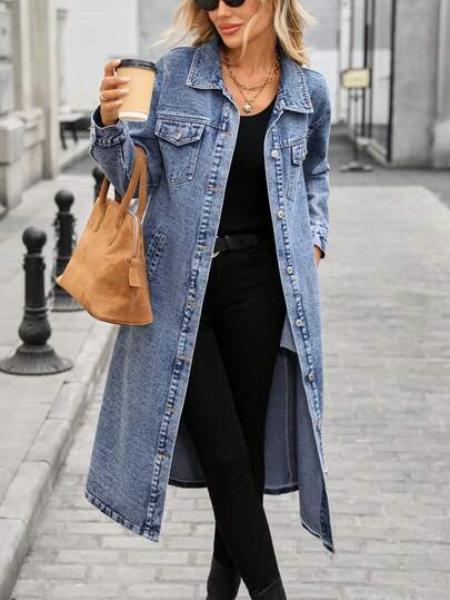 Plus Size Women Long Denim Jacket Coat, Elegant & Stylish Windbreaker For Autumn/Winter