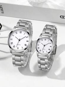 2件套时尚商务休闲情侣手表，多功能圆形表盘钢带石英表，情侣礼品套装，适合节日、派对、婚礼、返校季、圣诞节、感恩节、万圣节、复活节等场合。 - 白色 - 查看 14