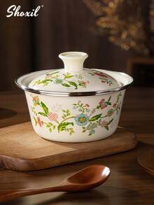 shoxil 1pc Enamel Bowl, Enameled Patterned Soup Bowl With Lid, Enamel Bowl, Scratch-Resistant Metal Material, Dishwasher , Essential Cookware For Home Cooking And Camping Meals, School Supplies - Bowl - View 9