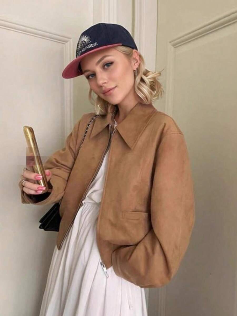 Jaqueta Casual Solta de Camurça Falsa com Gola Vintage, Zíper Duplo e Bolso, Forrada de Pelúcia, Elegante Agasalho para Vestidos de Inverno em Ano Novo, Festa de Natal - Caramelo - Visão 1