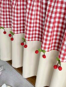 1pc Red Buffalo Check Kitchen Curtain Valances For Windows Farmhouse Half Window Curtains Cherry Pom Poms Short Curtain For Bathroom Small Windows - Multicolor - View 7