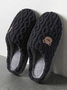 男女通用毛绒拖鞋，卡通熊图案，柔软底部，室内防滑，保暖内衬，适合情侣，男女皆宜，尺码 36-45，秋冬 - 灰色 - 查看 2