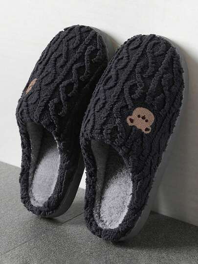男女通用毛绒拖鞋，卡通熊图案，柔软底部，室内防滑，保暖内衬，适合情侣，男女皆宜，尺码 36-45，秋冬