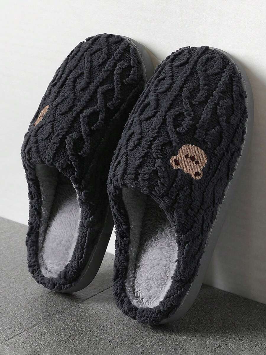 男女通用毛绒拖鞋，卡通熊图案，柔软底部，室内防滑，保暖内衬，适合情侣，男女皆宜，尺码 36-45，秋冬