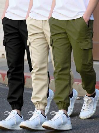 3 piezas Pantalones cargo de unicolor con bolsillos grandes, pantalones casuales de moda, adecuados para todas las estaciones