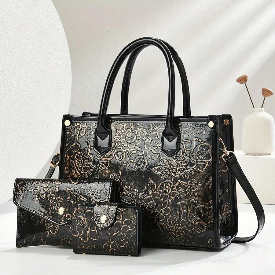 Borsa a tracolla floreale vintage da donna - Porta carte abbinato nero e viola, chiusura con cerniera dorata, tracolla regolabile e staccabile, elegante borsa da mano quotidiana, fodera in poliestere resistente, accessorio da viaggio multifunzionale