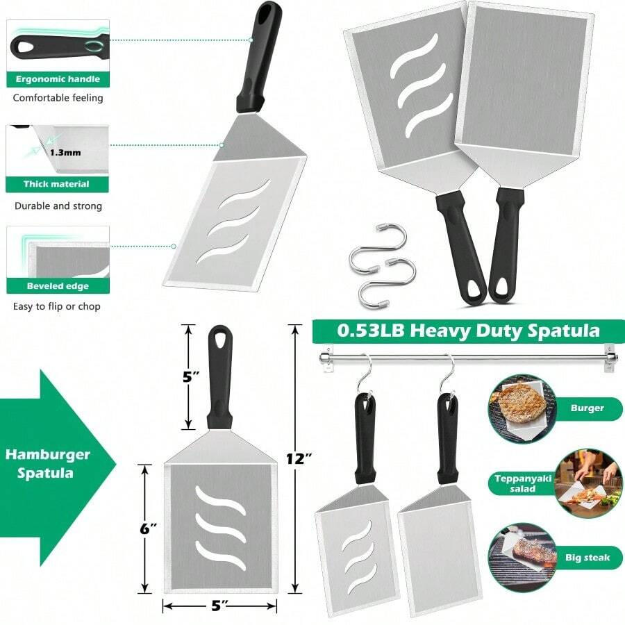 Metal Spatula Set Of 2 Large 12x5In Stainless Steel Griddle Spatula Turner Heavy Duty Griddle Tools For Teppanyaki Flat Top Hibachi Grilling Camping Cooking Plastic Handle And Dishwasher - PP手柄 - 查看 1