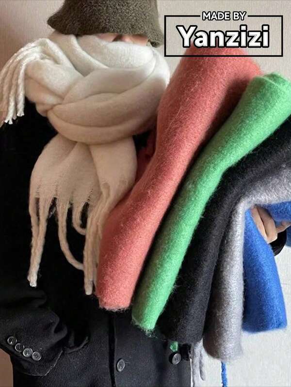 1pc Solid Color Scarf, Winter Warm Neck, Thickened Wool Knitted Thick Fringed Shawl, Can Be Worn Luxury Mohair Solid Color Women's ScarveWinter Shawl & Scarf Shawl Women's Soft Silk Thick Blanket Luxury Brand Fashion Classic Men's Soft Scarf Scarf Shawl Wrap Scarf New Luxury Brand Women's Shawl Solid Color Tassel Winter Scarf