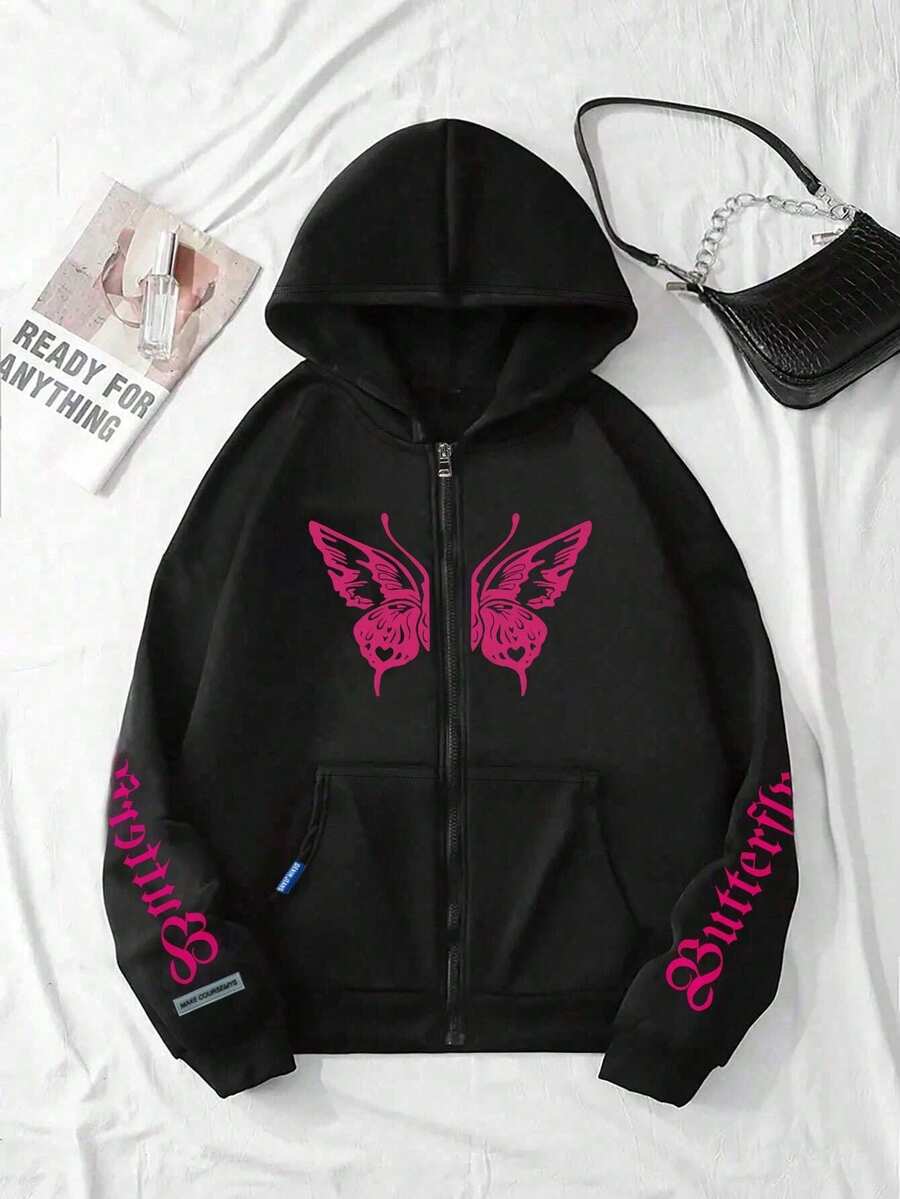 1pc Teenage Girls Fashion Butterfly Print Hooded Jacket, Velvet Casual Sweatshirt Sweatshirt, Autumn/Winter - Black - View 1