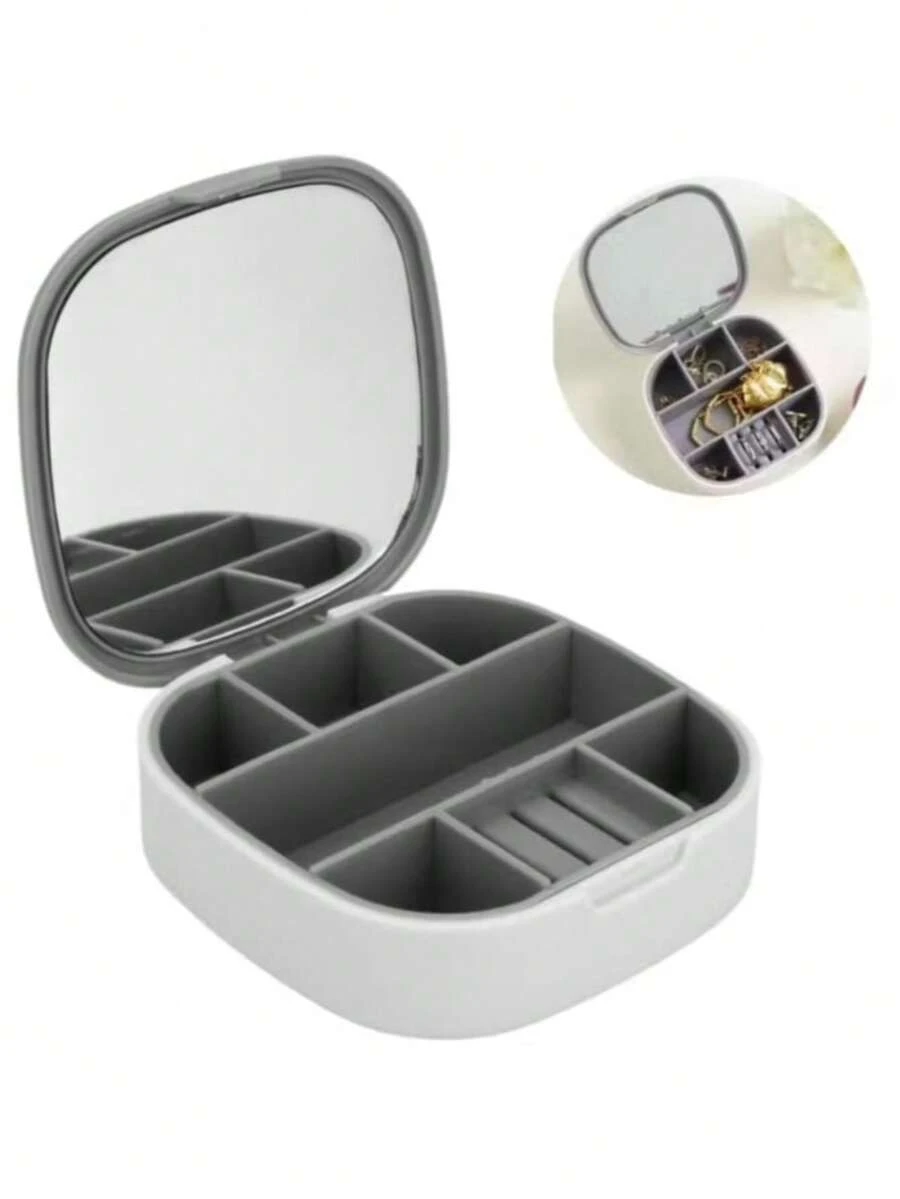 Portable Jewelry Box With Mirror And Necklace Ring Earring Organizer - XÁM VÀ TRẮNG - Xem 1