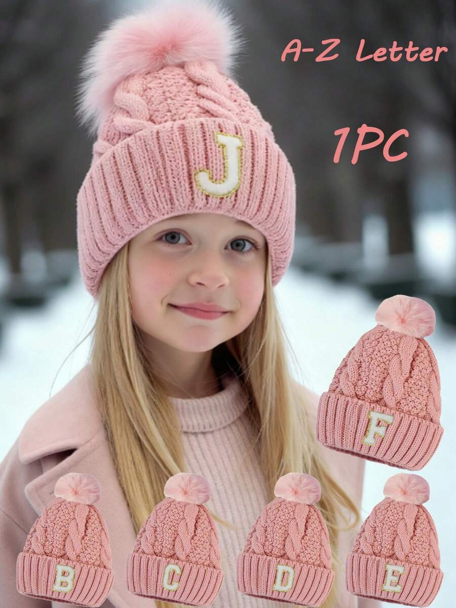1pc A-Z Letter Kids Winter Twist Knit Hat, Girls Version, With Pom Pom Thick Thermal Lined, Solid Color Girl Warm Ski Cap - Pink - View 1