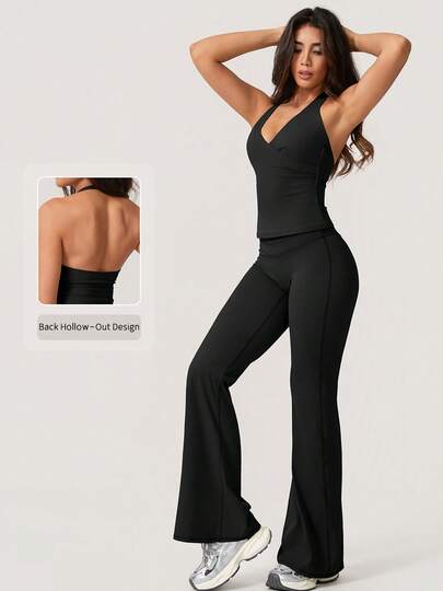 NcmRyu 1 Conjunto Conjunto Ativewear Feminino Sexy com Top Cropped Decote V Profundo Sem Costas e Calça Flare de Ioga