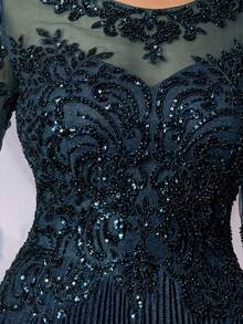 闪亮半袖褶裥正式礼服，适合婚礼宾客；A字长款精致蕾丝晚礼服，饰有亮片手工串珠贴花；优雅新娘母亲礼服；伴娘礼服；女士正式晚礼服；后背拉链 - 藏蓝色 - 查看 10