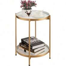 Round Side Table With 2-Tier Storage Modern Metal End Table With Removable Tray Small Coffee Table For Living Room Bedroom Balcony Patio - Gold White - View 6