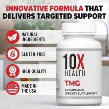 10X Health TMG Supplements - Trimethylglycine Supplement For Liver Support, Heart Wellness, Energy, Homocysteine Levels - TMG Capsules With Betaine Anhydrous - Non-GMO &Amp; Gluten-Free - 60 Capsules - 白色的 - 查看 6