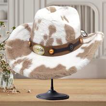 Fuzzy Cow Print Hat For Men Women Wide Brim Hat Cowgirl Western Cap For Fall Winter - 卡其色 - 查看 2