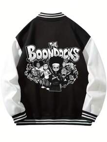 (Choose Sized Up)Unisex Casual Baseball Jacket Print With The Boondocks Anime-Inspired Design Graphic, Playful Design, Suitable For All Seasons, Street Style, Outdoor And Fashionable Men'S Wear, Color Block, Long Sleeve With Button-Up Front, Cozy Clothing, Machine Washable,For Fall Winter |School Outfit, Streetwear Fashion, Durable Material - 黑色 - 查看 1