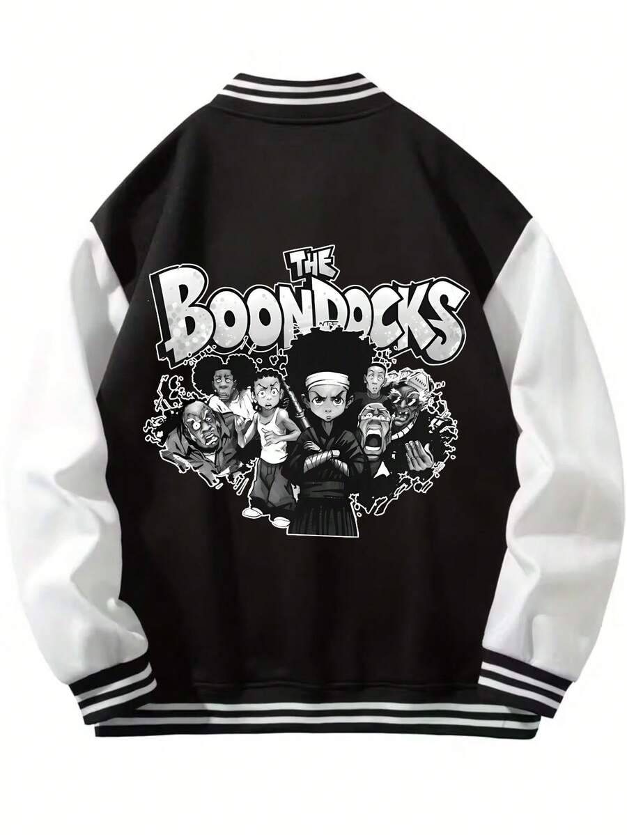 (Choose Sized Up)Unisex Casual Baseball Jacket Print With The Boondocks Anime-Inspired Design Graphic, Playful Design, Suitable For All Seasons, Street Style, Outdoor And Fashionable Men'S Wear, Color Block, Long Sleeve With Button-Up Front, Cozy Clothing, Machine Washable,For Fall Winter |School Outfit, Streetwear Fashion, Durable Material - 黑色 - 查看 1