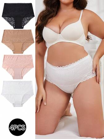 4 件/包大码女式蕾丝拼接性感半透明内裤，时尚纯色组合，亲肤透气无缝女士内裤