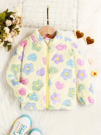 Girls' Fashionable Floral & Heart Pattern Stand Collar Zip-Up Warm Fuzzy Jacket With Elastic Cuffs And Hem, Suitable For Spring, Autumn And Winter