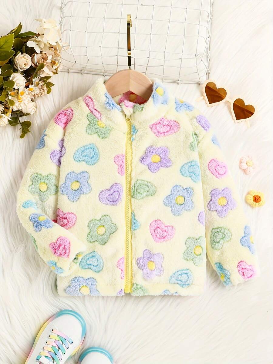 Girls' Fashionable Floral & Heart Pattern Stand Collar Zip-Up Warm Fuzzy Jacket With Elastic Cuffs And Hem, Suitable For Spring, Autumn And Winter - Yellow - View 1
