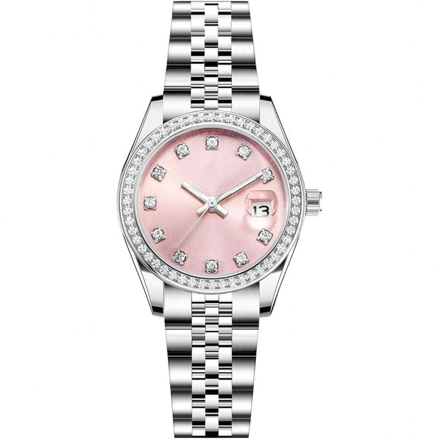 SHENGKE Women's Crystal Accented With Solid Alloy Steel Band Watch Elegant Dress Quartz Calendar Watches For Women - 銀粉色 - 查看 1