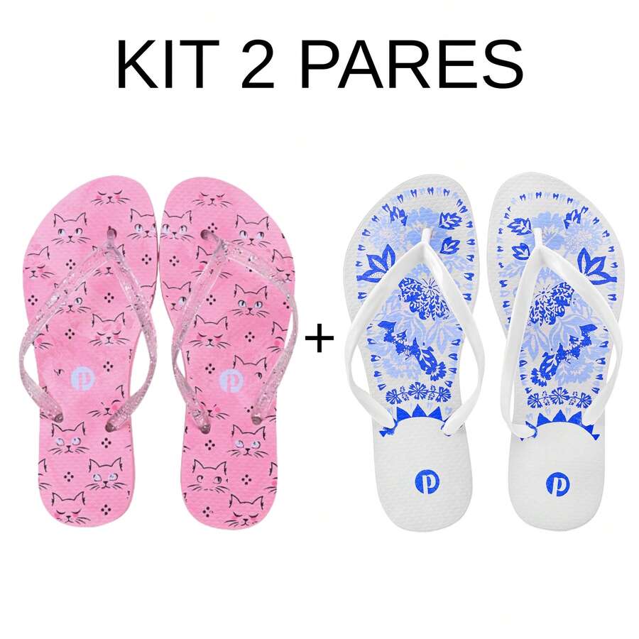 Comfortable Soft Women's Flip Flops - D2.15-farmBlue-catPink - View 1