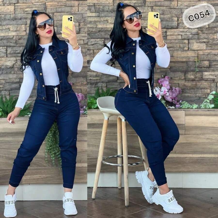 conjunto de dama de 3 piezas chaleco playera manga larga y pantalon - azul - Ver 1