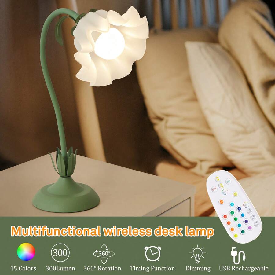 Flower Shaped Rechargeable LED Desk Lamp With Remote Control, Color Changing Decorative Table Light For Bedroom, Living Room, And Home Decor - màu xanh lá - Xem 1