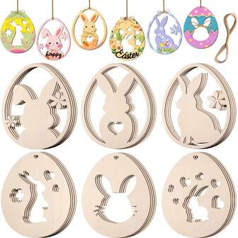 24个未上漆的空心木制复活节彩蛋和兔子工艺品，表面平整，可作绘画、家居悬挂装饰、教室礼物或春季DIY。