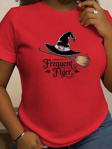 Camiseta gráfica de bruja frecuente de vuelo para mujer - Roja con diseño, camiseta casual de manga corta y cuello redondo para Halloween y uso diario - Rojo - Ver 2