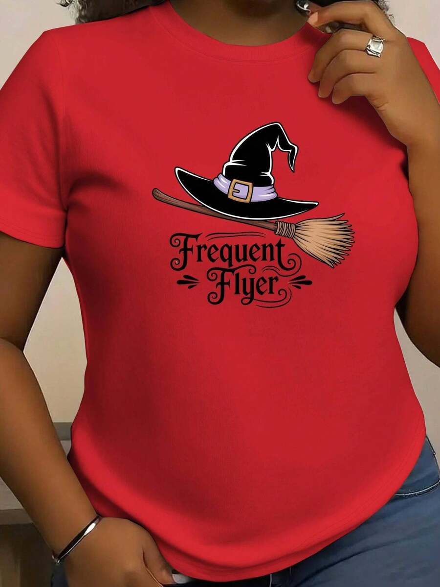 Camiseta gráfica de bruja frecuente de vuelo para mujer - Roja con diseño, camiseta casual de manga corta y cuello redondo para Halloween y uso diario