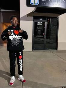 A Couple's Hoodie With Spider Web And Fleece Sp5der Sweatshirt - Black - View 3