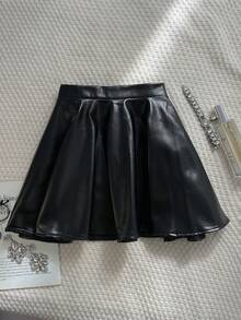 Apperloth A Y2K Rave High Waist Ruffle Hem PU Leather A Line Flare Pleated Bodycon Mini Skirt - Black - View 9