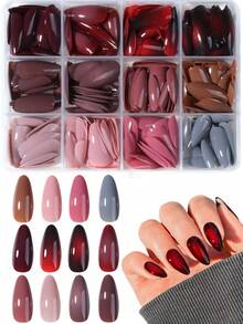 Verwandeln Sie Ihre Nägel mit 288 Stück (12 gemischte) lange mandelförmige glänzende Design Braun, hellbraune Acryl-Aufklebe-Nägel, lange perfekt passende Acryl-Fake-Nagel-Sets, einfach zu tragende Nägel-Kunst für Frauen und Mädchen für den täglichen Gebrauch, Arbeit, Raves und Partys