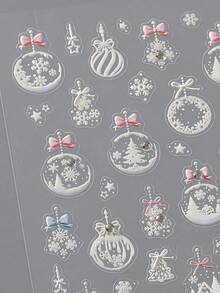 1pc Pink Fireworks Christmas Tree Nail Stickers, 5D Glitter Design With Bow, Snowflake And Star Decor, Holiday Shiny Nail Decals For Girls Holiday Party Nail DIY - Multicolor - View 3