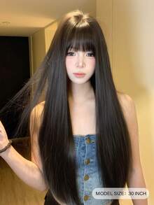 SHUDUO 1 Tóc giả thẳng tổng hợp chịu nhiệt, màu nâu sẫm, làm bằng sợi, thích hợp để đội hàng ngày, tự nhiên và chân thực (Không bao gồm phụ kiện) - Dark Brown - Xem 2