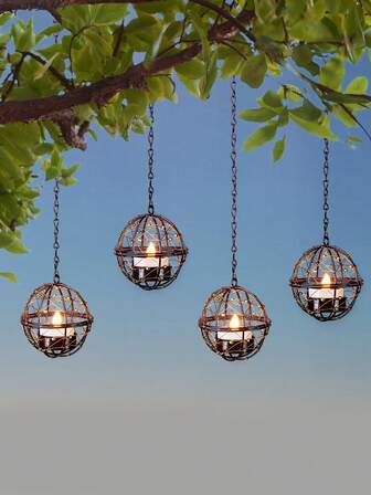 1/2pcs Solar Powered Beaded Copper Wire Ball Hanging Lamp, With Solar Tea Light Candle, Tabletop Decor Lamp, Suitable For Patio, Garden, Backyard, Gazebo, Trees, Fence