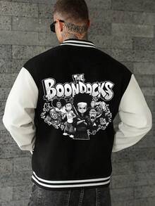 (Choose Sized Up)Unisex Casual Baseball Jacket Print With The Boondocks Anime-Inspired Design Graphic, Playful Design, Suitable For All Seasons, Street Style, Outdoor And Fashionable Men'S Wear, Color Block, Long Sleeve With Button-Up Front, Cozy Clothing, Machine Washable,For Fall Winter |School Outfit, Streetwear Fashion, Durable Material - 黑色 - 查看 2