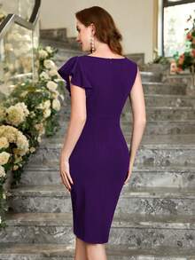 MIUSOL Vestido de cóctel con manga de volante asimétrica de unicolor, vestido elegante semi-formal de verano para mujer - Morado - Ver 3
