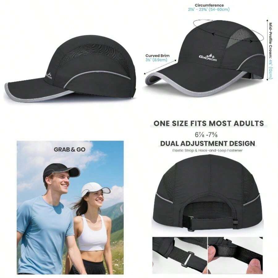 Quick - Dry Running Hat Men Women - UPF 50+ Breathable Mesh, Reflective Sports Cap Outdoor, Hiking - 黑色 - 查看 1