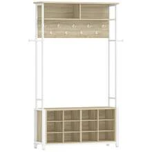 Hzuaneri Garderobenständer mit Schuhbank, Garderobe mit 13 Haken, 14 Offene Fächer, Verstellbare Ablagen, Kleiderständer für Flur, Eingangsbereich, 108 x 31 x 187 cm, Eichefarben-Weiß