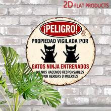 1 biển báo kim loại hình mèo 2D phẳng - Kiểu cổ điển - Hình tròn 8 inch, trang trí tường bằng sắt với lời cảnh báo vui nhộn "¡PELIGRO! Vigilada Propiedad", thích hợp cho người yêu mèo, trang trí nhà cửa, sân vườn hoặc quán cà phê mèo, món quà lý tưởng cho những người đam mê mèo | Thiết kế mèo vui nhộn | Tranh treo tường bền, trang trí mèo, lỗ khoan sẵn như hình minh họa. - Nhiều màu - Xem 9