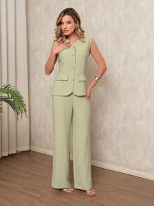 Sleeveless Wide Leg Vest And Pants Set - Elegant And Comfortable Style For Everyday Wear - 橄欖綠 - 查看 1