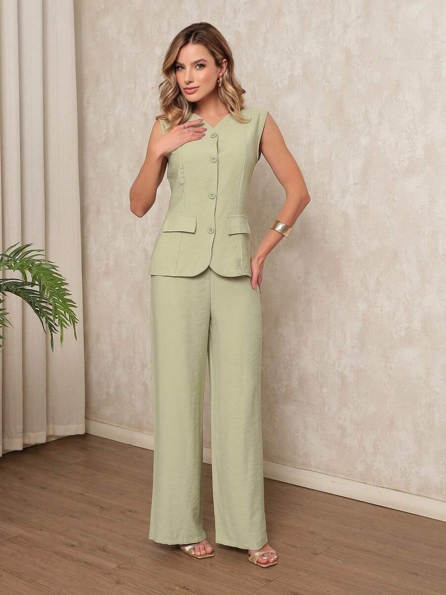 Sleeveless Wide Leg Vest And Pants Set - Elegant And Comfortable Style For Everyday Wear - 橄欖綠 - 查看 1