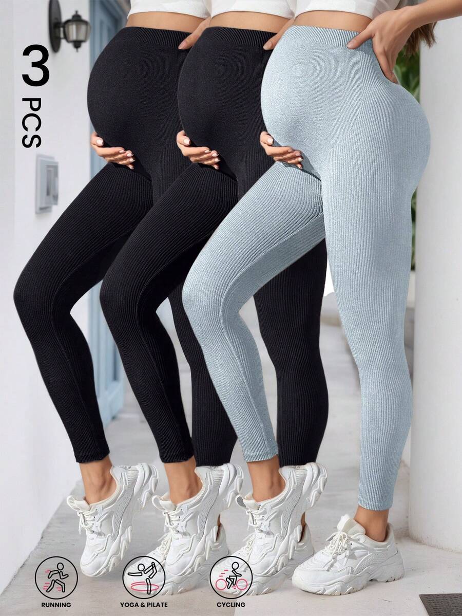 Set de 3 piezas de leggings casuales de maternidad, adecuados para usar en exteriores en otoño, invierno y primavera - Gris - Ver 1