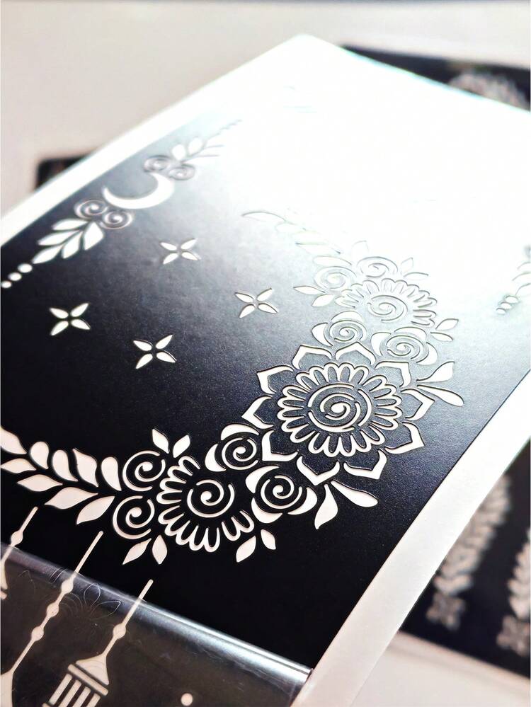 4 ورقات من أنماط الوشم المؤقت بتصميمات القمر - أنماط زهرية جذابة للأيدي، للرسم DIY، للحبر، ملصقات قوالب الحناء القابلة لإعادة الاستخدام لحفلات النساء والمكياج - الأسود - مشاهدة 5