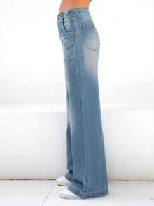 Women Wide Leg Jeans Tummy Control Mid-High Waisted Straight Stretchy Denim Pants With Pockets - màu xanh nhạt - Xem 4