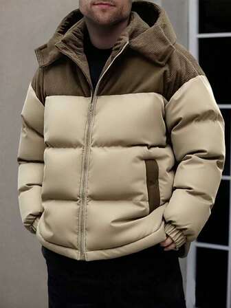 1 pieza Abrigo acolchado con capucha de pana retazos para hombre, adecuado para uso diario casual, abrigo acolchado de invierno